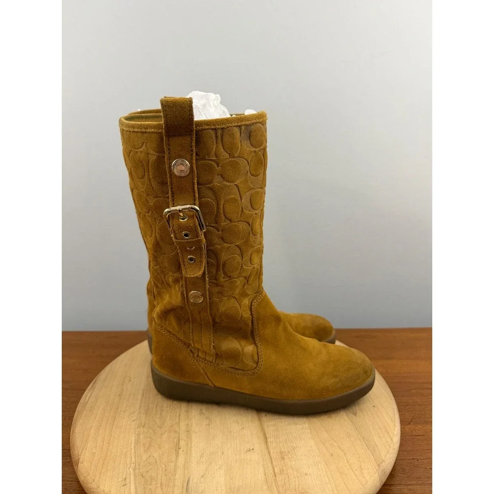 Coach Vintage Tulip Boots Women's 7.5B Suede Fur Lined Tan Signature C Y2K 2000s